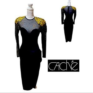 Vintage 80’s Caché Gold Embellished SheerArm Dress
